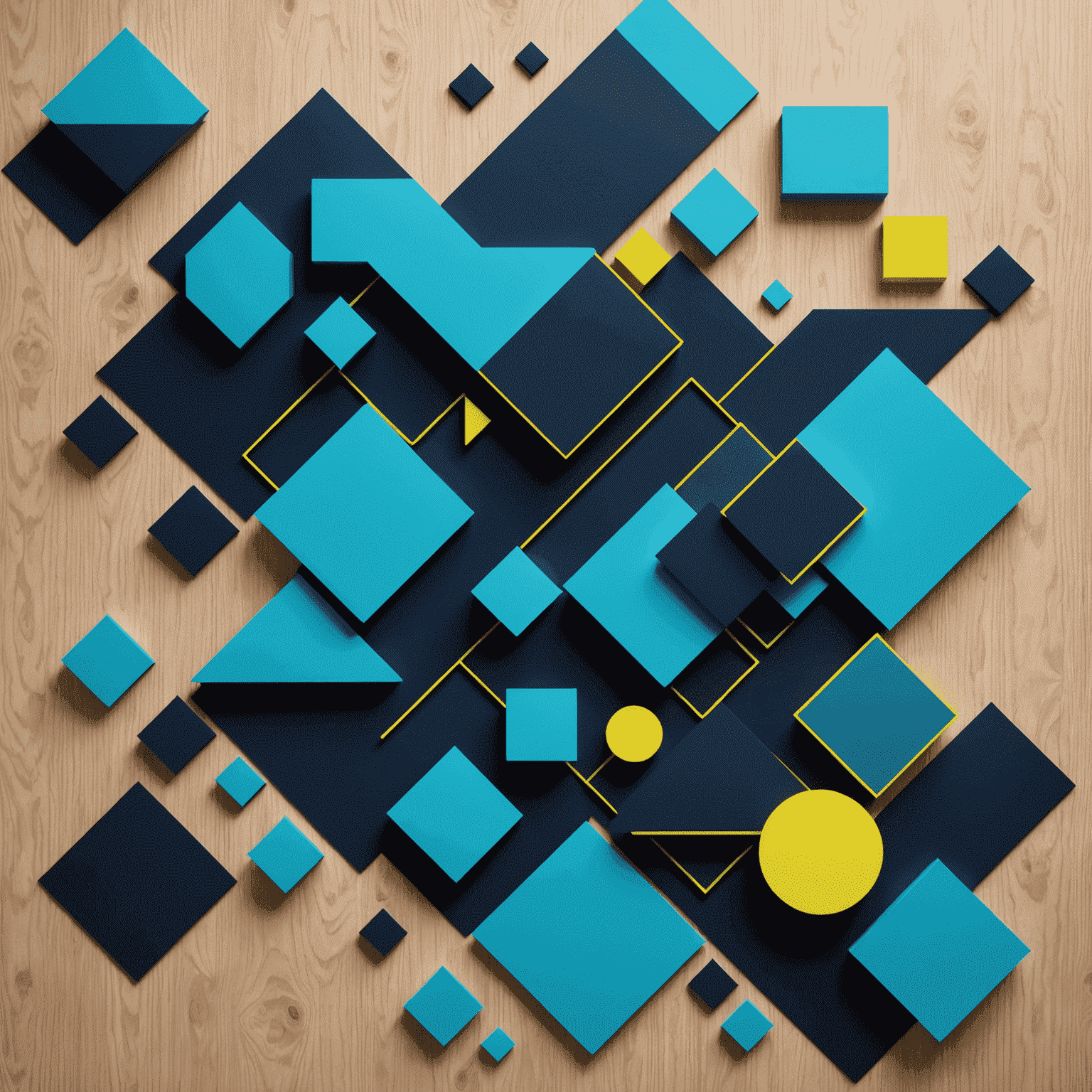 Abstract geometric shapes representing modern design trends, with neon blue accents and overlapping elements