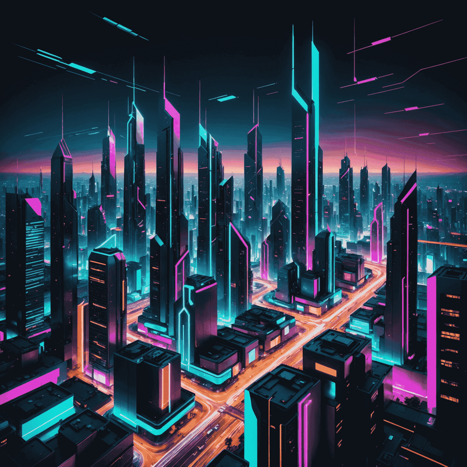 Futuristic cityscape with neon accents, showcasing modern design elements and geometric shapes