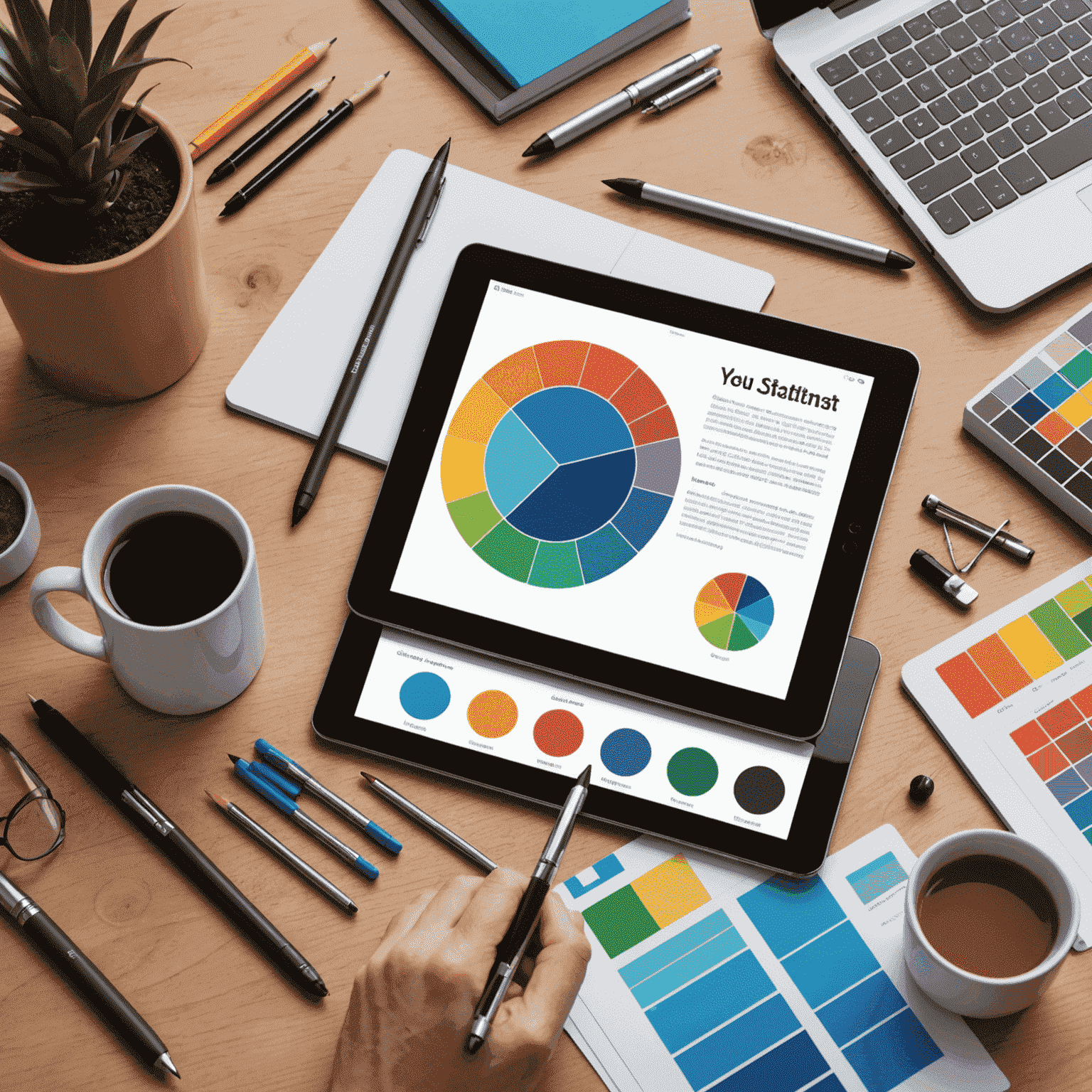 Graphic design tools and elements including a stylus, color swatches, and a modern logo design on a tablet screen