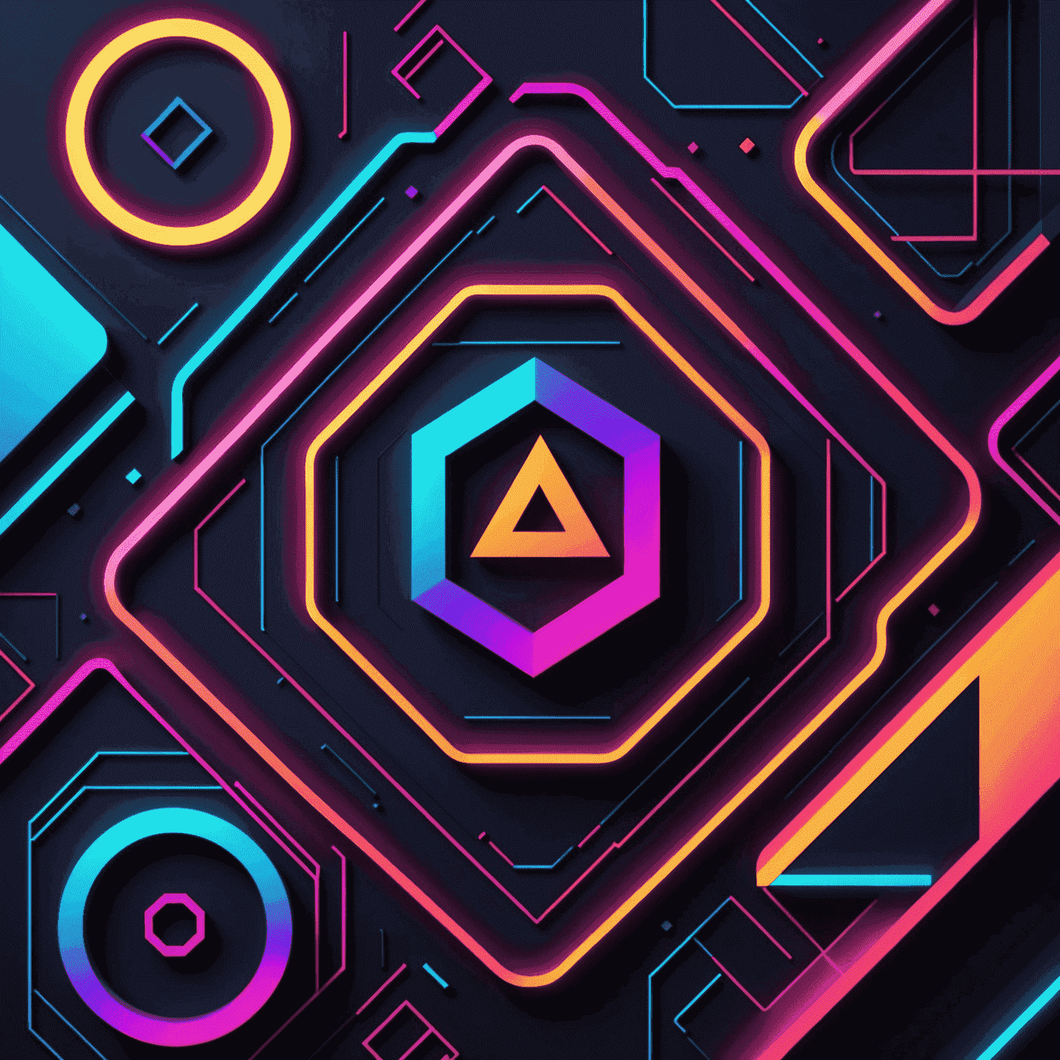 Abstract geometric shapes in neon colors representing various graphic design elements such as logos, brochures, and marketing materials. The image showcases Alliant Studios Design's modern and bold style.