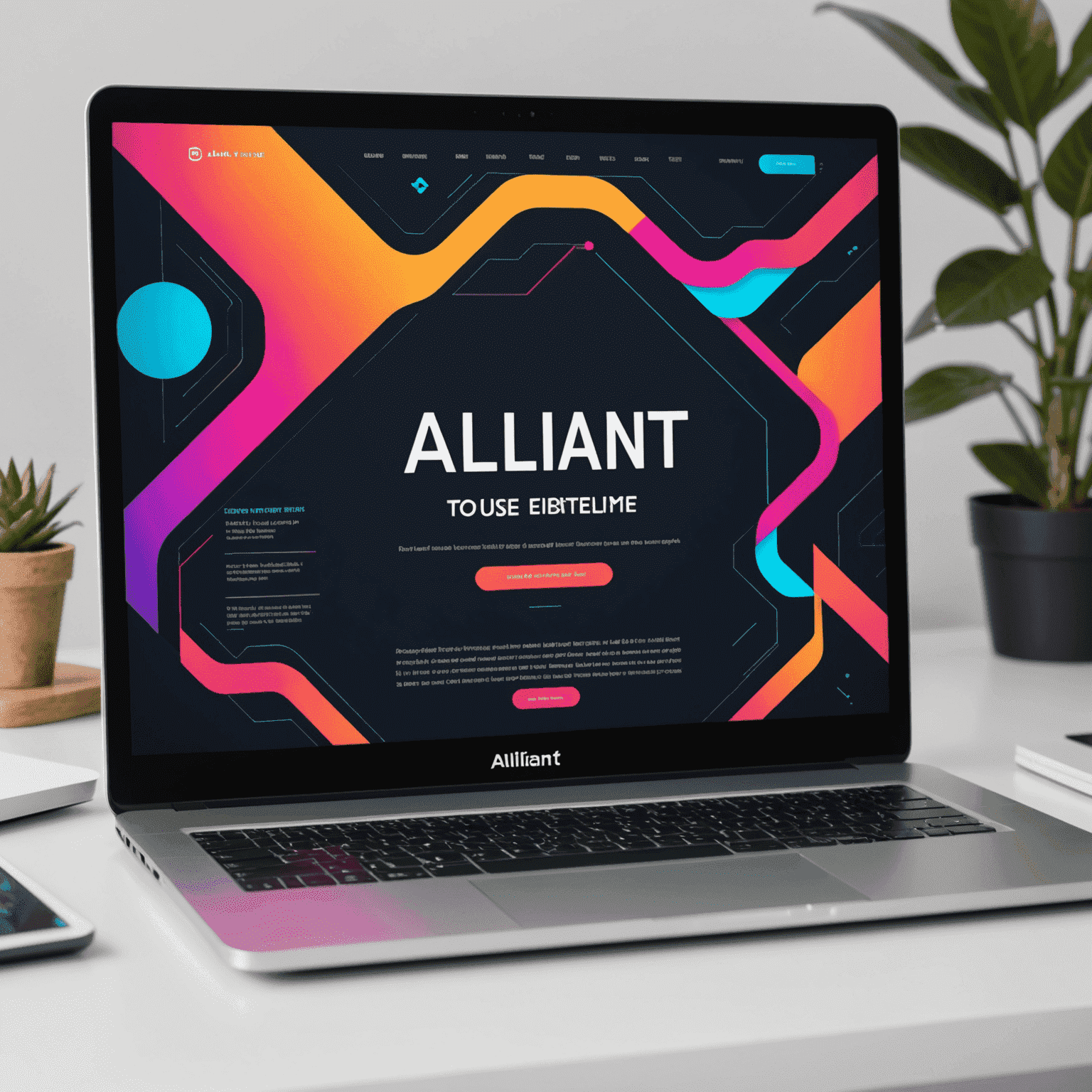 A modern, sleek laptop displaying a responsive website with vibrant neon accents. The screen shows a mix of clean typography, geometric shapes, and dynamic elements that represent Alliant Studios Design's web development capabilities.