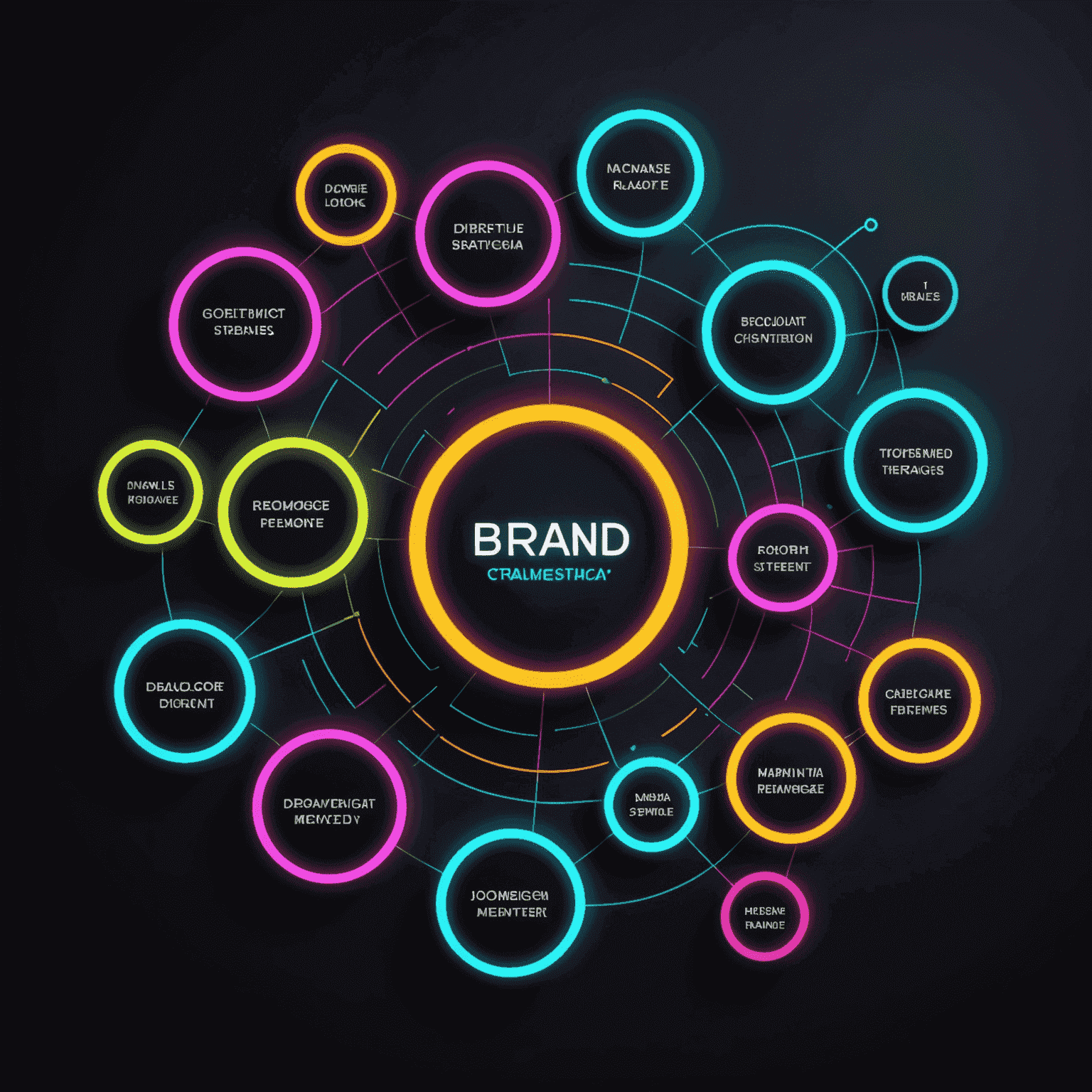 Abstract visualization of brand strategy elements including positioning, messaging, and visual identity components in neon colors against a dark background