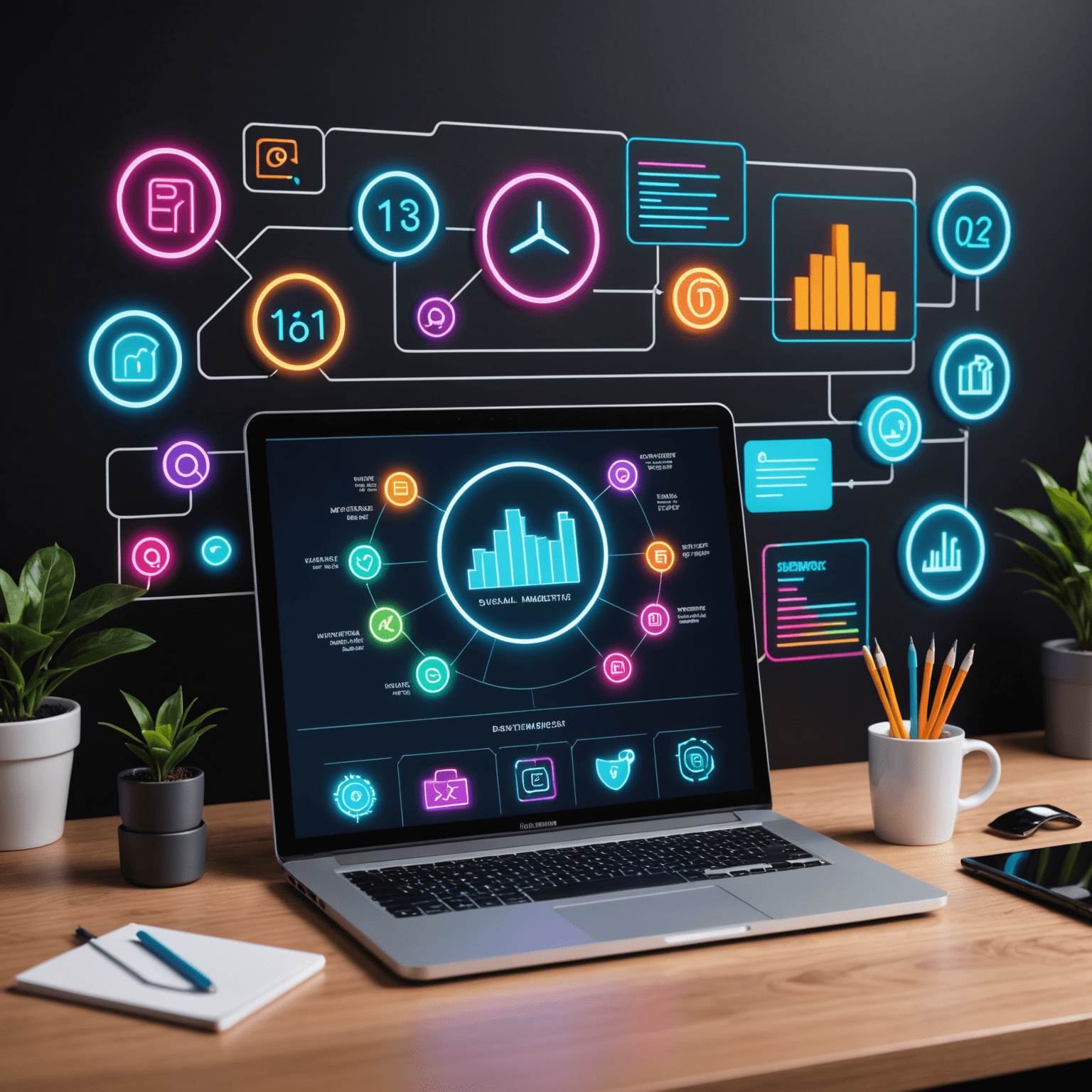 Digital marketing strategy visualization with neon-colored graphs, social media icons, and a laptop showing analytics