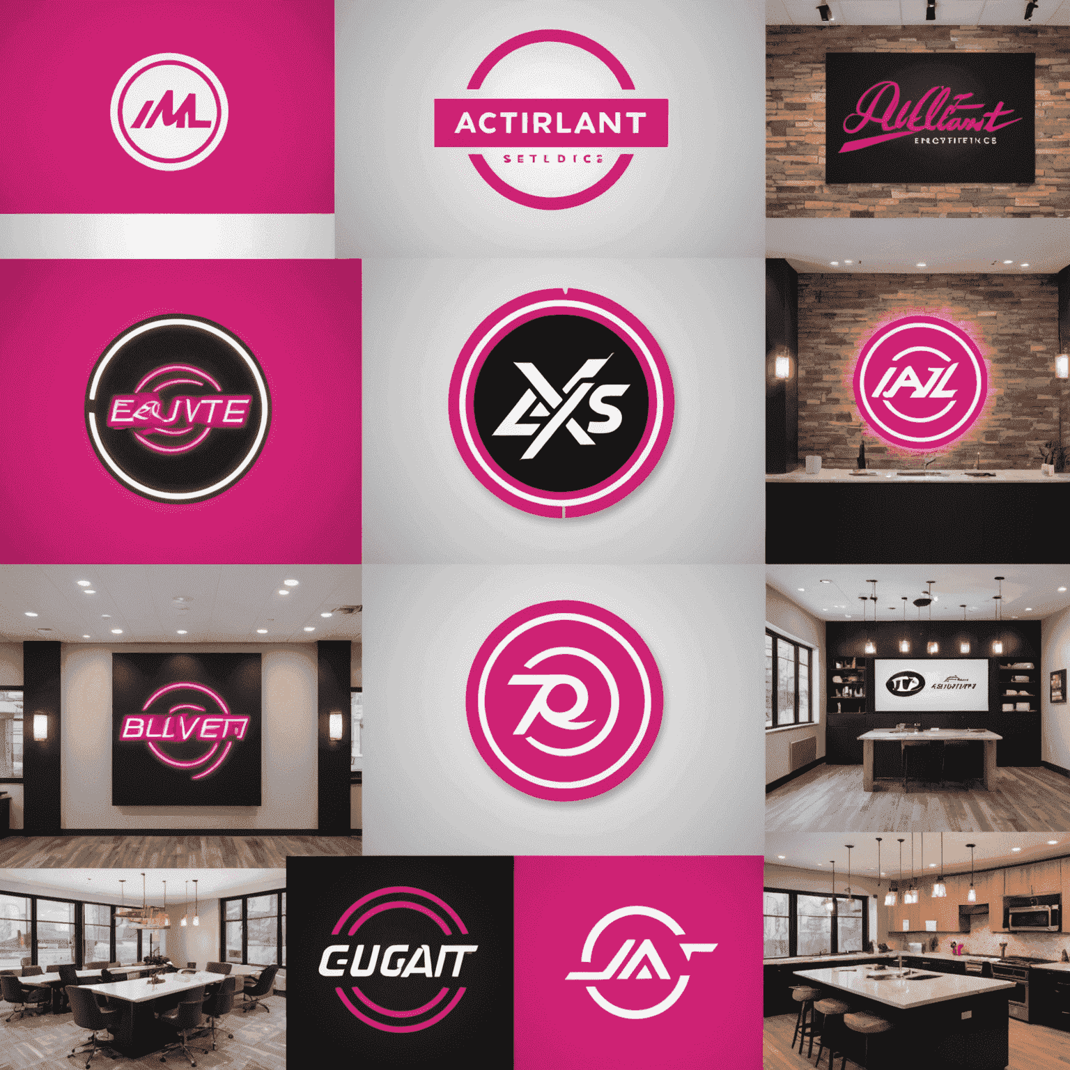 Collage of successful brand transformations by Alliant Studios Design, featuring before and after logos with neon pink accents