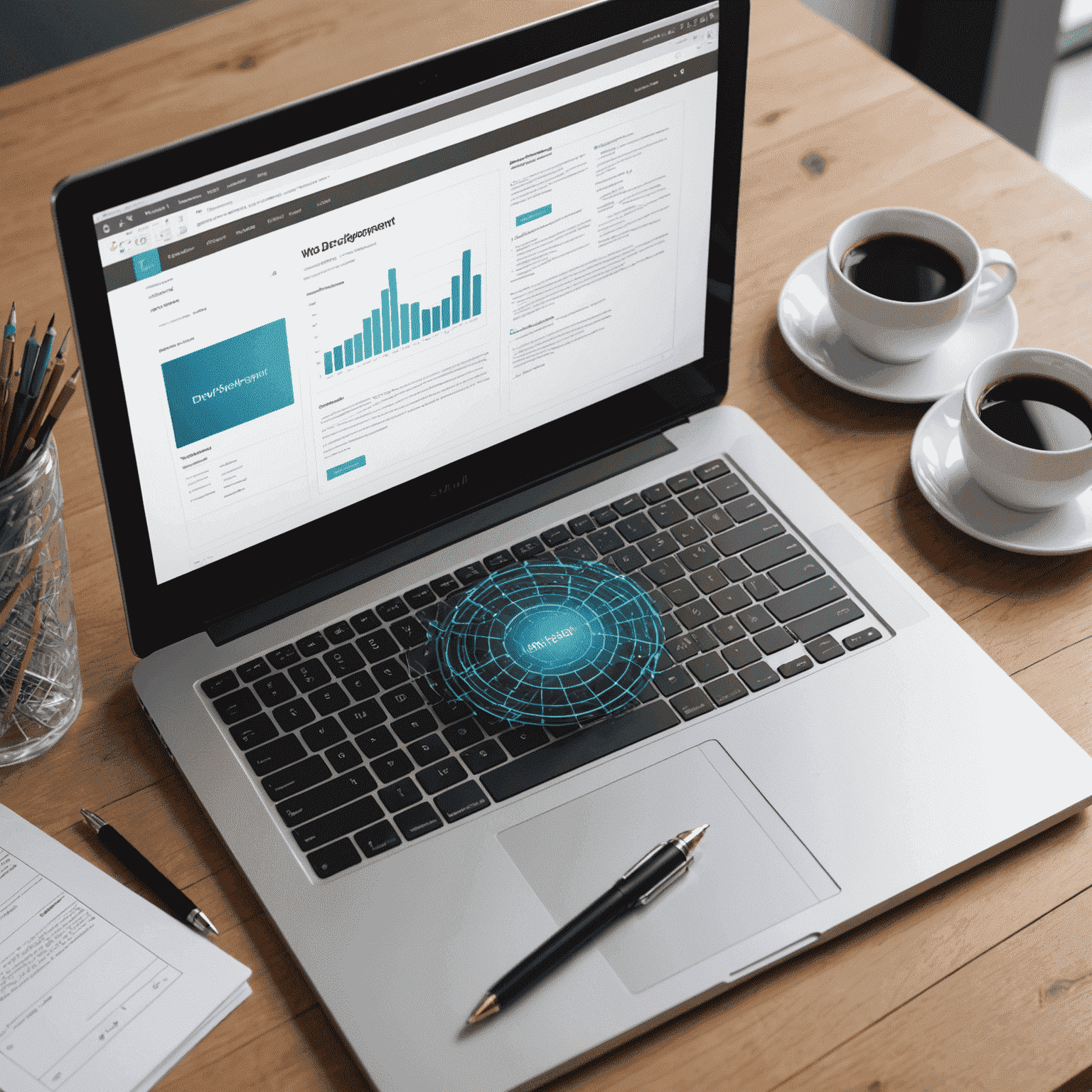 Web development concept with laptop showing code, surrounded by wireframes and a responsive design layout