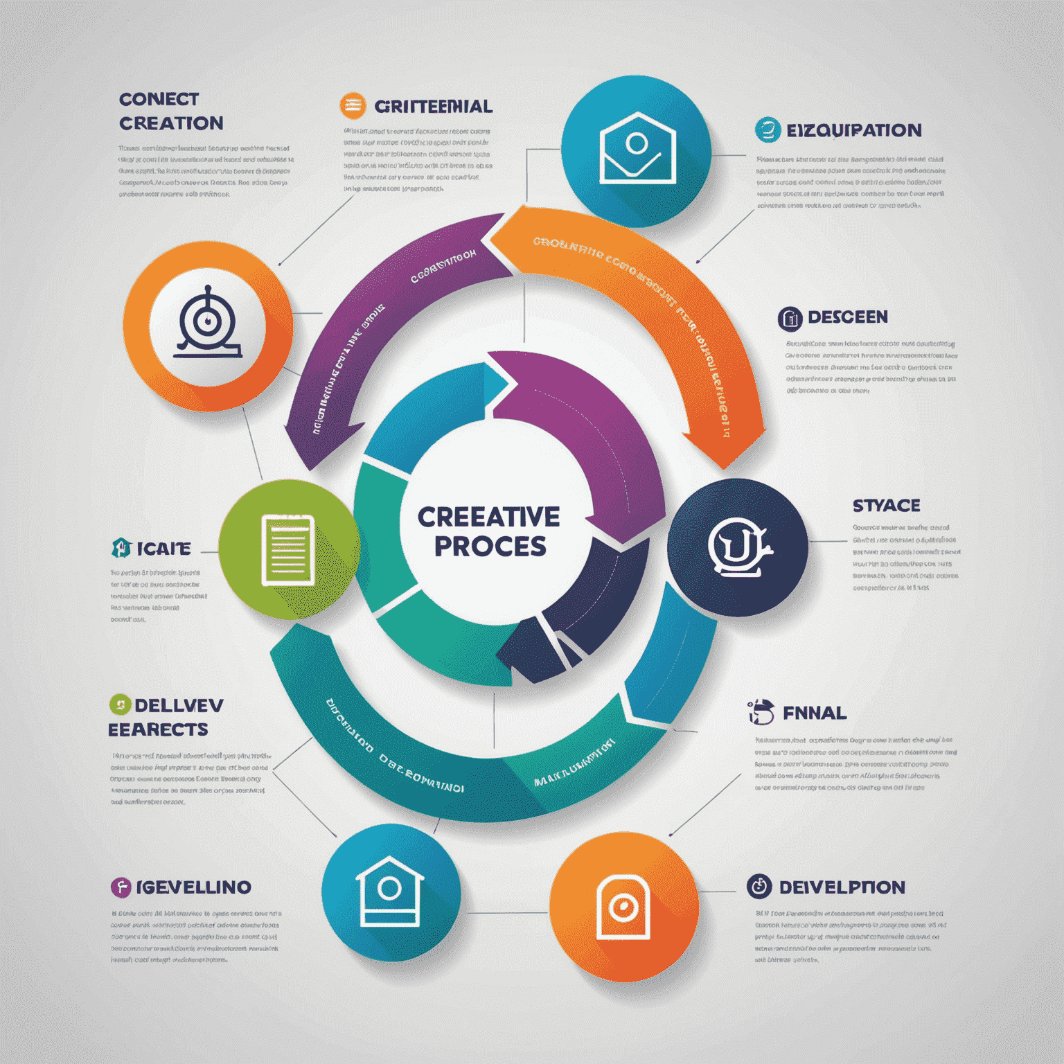 Infographic showing Alliant Studios Design's creative process: 1. Consultation, 2. Concept Development, 3. Design Creation, 4. Revisions, 5. Final Delivery. Each step is represented by a neon-colored icon on a timeline.