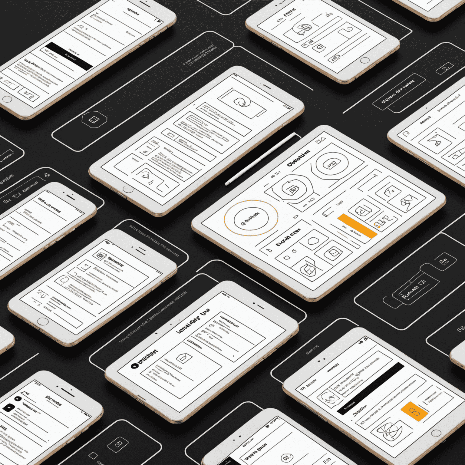 A series of wireframes and prototypes showcasing the UI/UX design process, with neon highlights emphasizing key interaction points and user flow