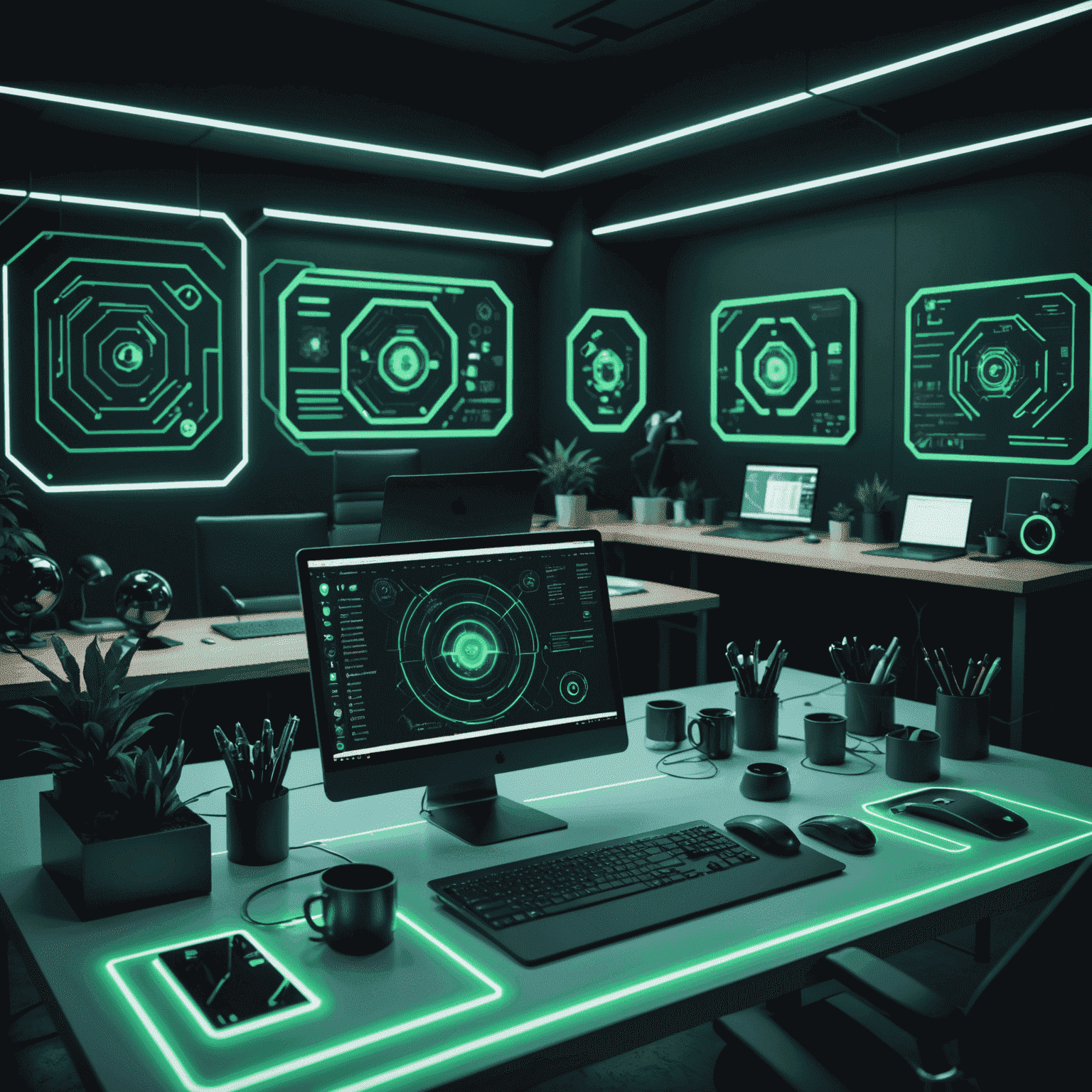 Futuristic design workspace with holographic interfaces and cutting-edge software tools, highlighted by neon green accents