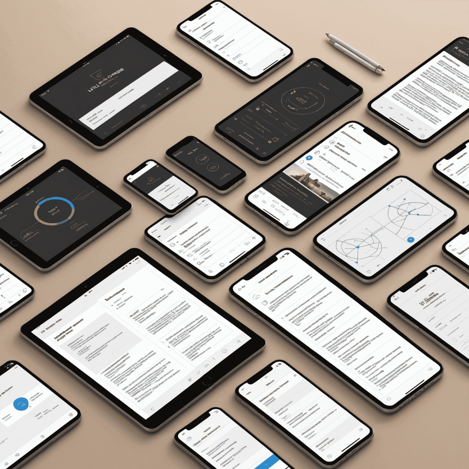 UI/UX design process visualization with wireframes, user flow diagrams, and a finished app interface on various devices