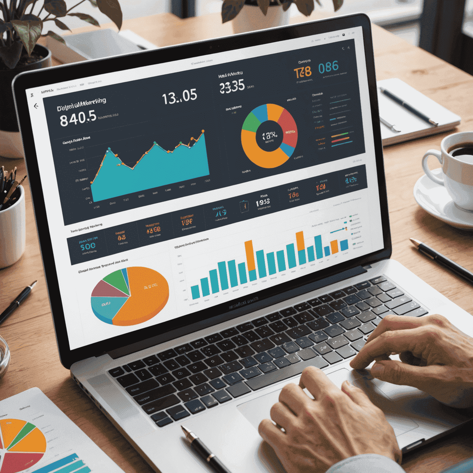 Digital marketing tools and analytics dashboard showing campaign performance and ROI metrics